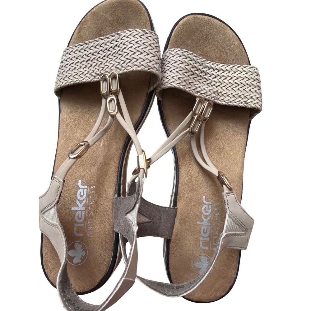 Rieker Boho Faux Leather Wedge Sandals | Beige Woven | Cottagecore Comfort 41
